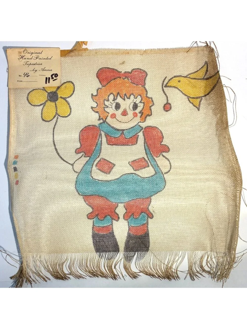 Hand Painted Needlepoint Canvas Tapestry Raggedy Ann 16x16 VTG 1970s Unworked